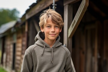 Lifestyle portrait photography of a grinning mature boy wearing a stylish hoodie against a rustic barn background. With generative AI technology