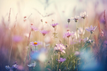 Beautiful wild flowers chamomile purple wild peas butterfly in morning haze in nature close-up macro, Landscape wide format copy space cool blue tones, Delightful pastoral airy artistic image,