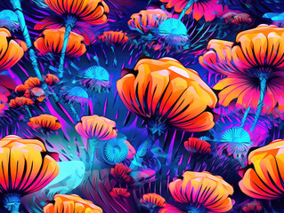 Colorful flowers psychedelic neon seamless repeat pattern [Generative AI]

