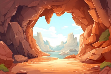 Cartoon stone cave entrance. Dark rock tunnel. Underground abandoned rocky cave. Entrance to tunnel in mountain with scenery landscape view of rocks and blue sky. Artificial intelligence generated