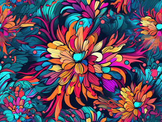 Colorful flowers psychedelic neon seamless repeat pattern [Generative AI]
