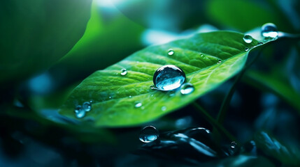 Green leaf with water droplets on the top