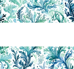 Seaweeds in turquoise, seamless summer seasonal pattern on white background. Generative Ai.