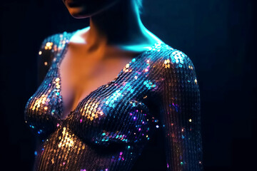 shiny dress with sequins in retro style on sexy female body at party with neon light. Generative AI
