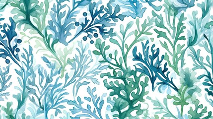 Obraz premium Seaweeds in turquoise, seamless summer seasonal pattern on white background. Generative Ai.