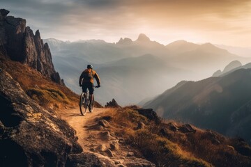 Fototapeta premium A man riding a bike at sunrise in the beautiful mountains on the background created with Generative AI