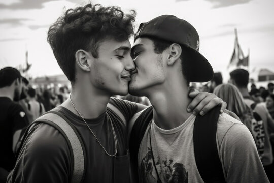 Black and white photo captures a tender moment of a gay couple kissing and smiling at a music festival, illustrating global influences and chillwave style. Generative AI.