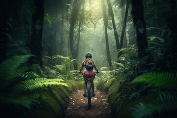 Young woman cycling in the forest made with Generative AI