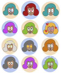 set of emotion emoji cartoon female faces vector, comic Faces with various Emotions. Cartoon drawing style. avtar with emotion
