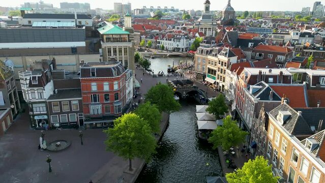 Aerial drone video of the canals in Leiden, the Netherlands