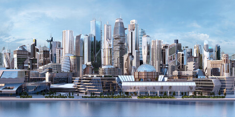 Fototapeta na wymiar Modern city skyline panorama with river embankment. Futuristic eco cityscape illustration: skyscrapers, business towers, office, residential tall buildings. Panoramic urban view of megapolis town, 3D
