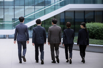 Image(s) of a team of cool businessmen in suits walking around Full body banner from the back without face