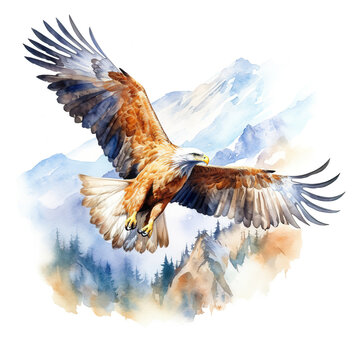 A painting of an eagle flying over a mountain range. Generative AI.