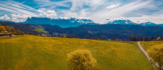 High resolution stitched spring panorama at Mount Ritten, Oberbozen, Bozen, Dolomites, South Tyrol,...