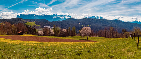 High resolution stitched spring panorama at Mount Ritten, Oberbozen, Bozen, Dolomites, South Tyrol, Italy