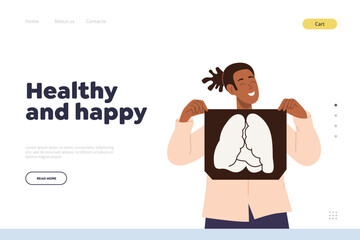 Healthy and happy landing page with cheerful satisfied woman character rejoicing breaking bad habit