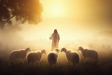 Bible Jesus Christ Shepherd with His Flock of Sheep during Sunrise. AI generative