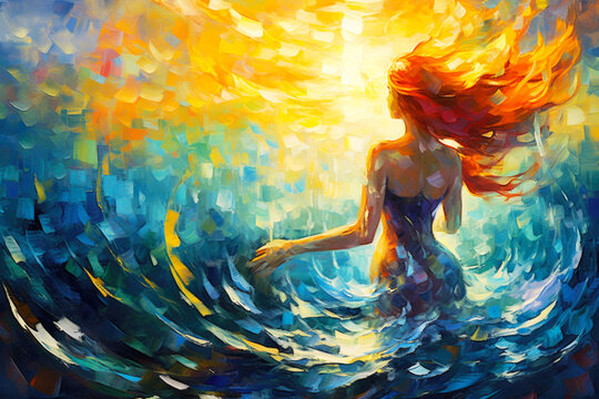 Fantasy Woman Mermaid Backwards Painting. AI generative. Canvas Texture, Brush Strokes.