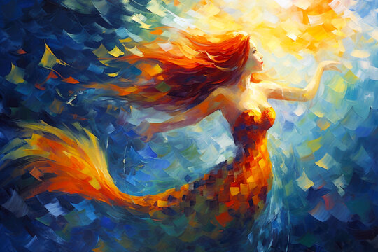 Fantasy Swimming Woman Mermaid Painting. AI generative. Canvas Texture, Brush Strokes.