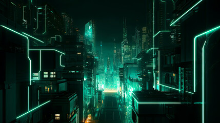 illuminated Neon green Futuristic Metaverse Skyscraper city, for technology advertisement banner, Generative AI
