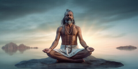 India Rishikesh, outside near Gange river, a man siddha yoga teacher with long hair, sitting in meditation asana. AI Generative