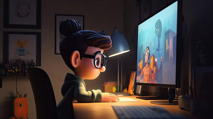 Kid with glasses in playing video game on his computer desktop in a dark room, Generative AI - 604933844