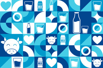 World Milk Day. June 1. Seamless geometric pattern. Template for background, banner, card, poster. Vector EPS10 illustration.