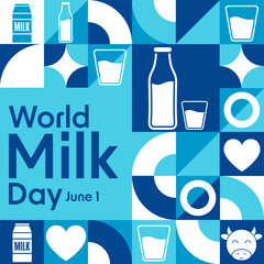 World Milk Day. June 1. Holiday concept. Template for background, banner, card, poster with text inscription. Vector EPS10 illustration.