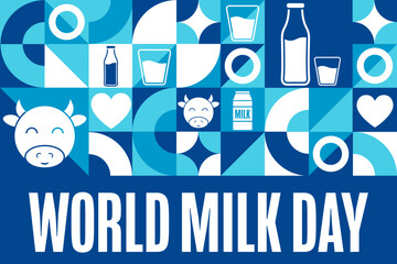 World Milk Day. June 1. Holiday concept. Template for background, banner, card, poster with text inscription. Vector EPS10 illustration.