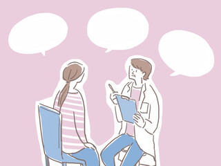 白衣を着た医者と話す女性（患者）（フキダシ有り）