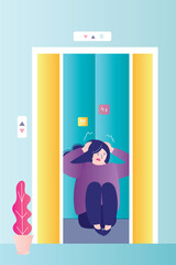 Claustrophobia, concept, vertical banner. Frightened woman in elevator, fear of confined space. Panic attack, girl fear, mental phobia, person afraid getting jammed lift.