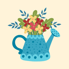 Illustration of watering can with flowers. Flowers in watering can. Design element for greeting card, invitation, print, sticker. Illustration for birthday, mother's day, valentine's and woman's day. © Natalie Luff 