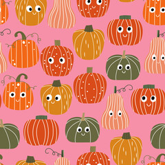 Autumn seamless pattern, cute kawaii cartoon characters, Nursery seamless pattern, Scandinavian thanksgiving day, Halloween background, Fall season backdrop for children, Children fabric design