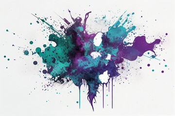 Multicolored purple and teal abstract paint splash with drips on paper textured  background