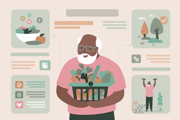 Healthy lifestyle of an elderly person. Infographics about healthy eating, physical activity for an age man. Longevity, mental clarity and strong body in old age. Printable banner, template