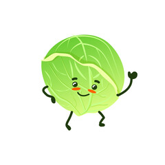 A funny cute cabbage with a face, eyes, hands is happy and smiling waving his hand. Cartoon style character design for icons or baby products or kitchen design.