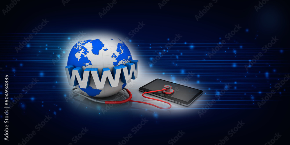 Poster 3d rendering mobile phone connected stethoscope with www on globe