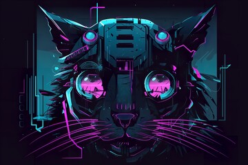 cyberpunk, style, cat, illustration, flat design, futuristic, digital art, graphic design, technology, sci-fi, urban, neon