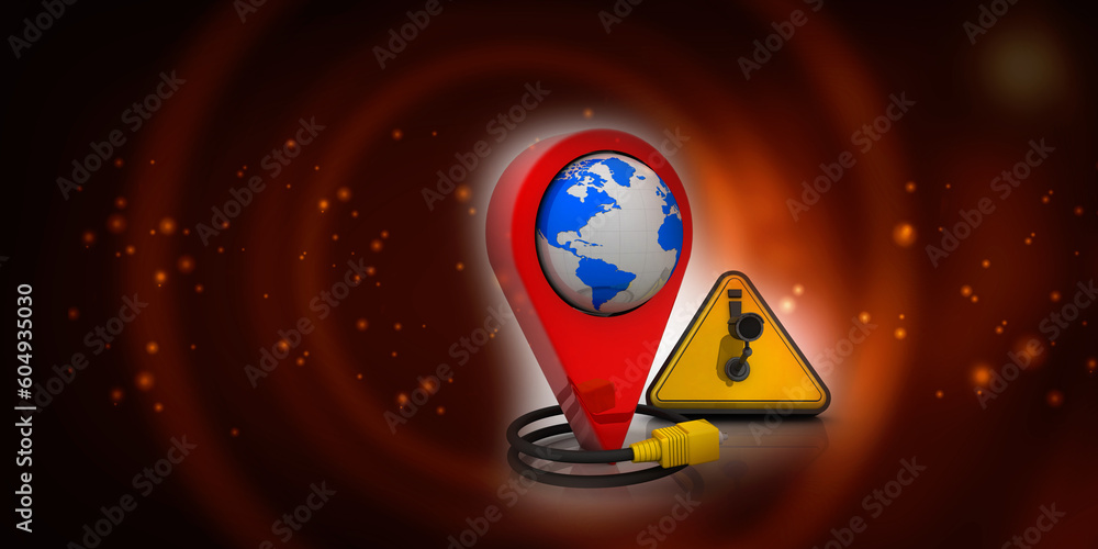 Poster 3d rendering red map pointer under cctv camera connected aux cable