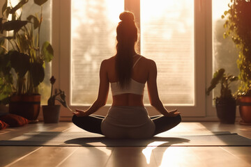Mujer sentada, haciendo yoga en su casa durante el amanecer. ilustración de ia generativa