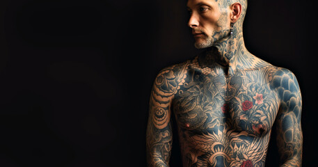 Confident man with muscular body tattooed,Assertive tattoo artist posing in a dark studio with a half-naked body wearing jeans, tattooed in a japanese irezumi style, looking cool and confident.