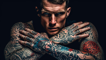 Confident man with muscular body tattooed,Assertive tattoo artist posing in a dark studio with a half-naked body wearing jeans, tattooed in a japanese irezumi style, looking cool and confident. - obrazy, fototapety, plakaty