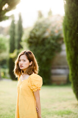 Portrait Asian woman smiling happy on sunny summer or spring day outside in park.