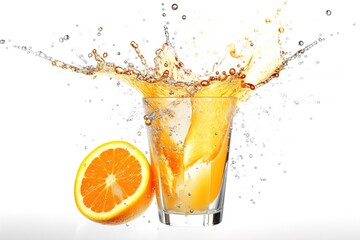 Fototapeta na wymiar Orange juice in a glass with splashes on a black background. Generative AI