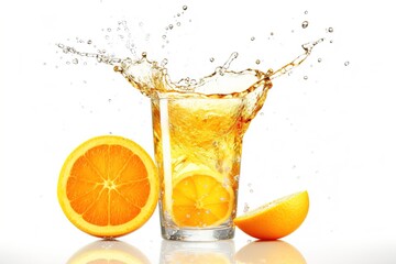 Fototapeta na wymiar Orange juice in a glass with splashes on a black background. Generative AI