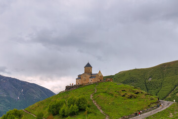Gergeti Trinity Church near the Stepantsminda village in Georgia ,At an altitude of 2170 meters, under Mount Kazbek or Kazbegi,
