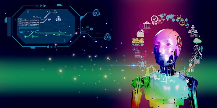 artificial intellegence collected processing commands to find the best answer to communicate with humans. 3D robotic working with element futuristic digital icon background