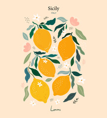 Lemons. Vector illustration in hand drawn style with lemons and leaves. Interior painting.  - 604936200