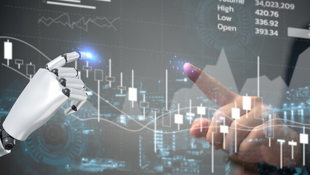 Business 3D rendering artificial intelligence AI robot trading graph stock market diagram graph virtual screen. economic analysis and investment finance and marketing forex and stock exchange.