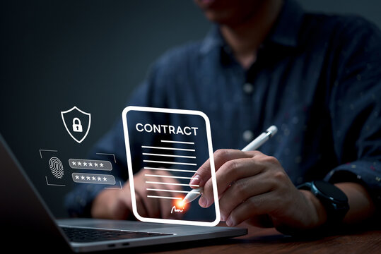 Electronic document signing system encrypted security. internet technology online access password transaction on virtual screen.